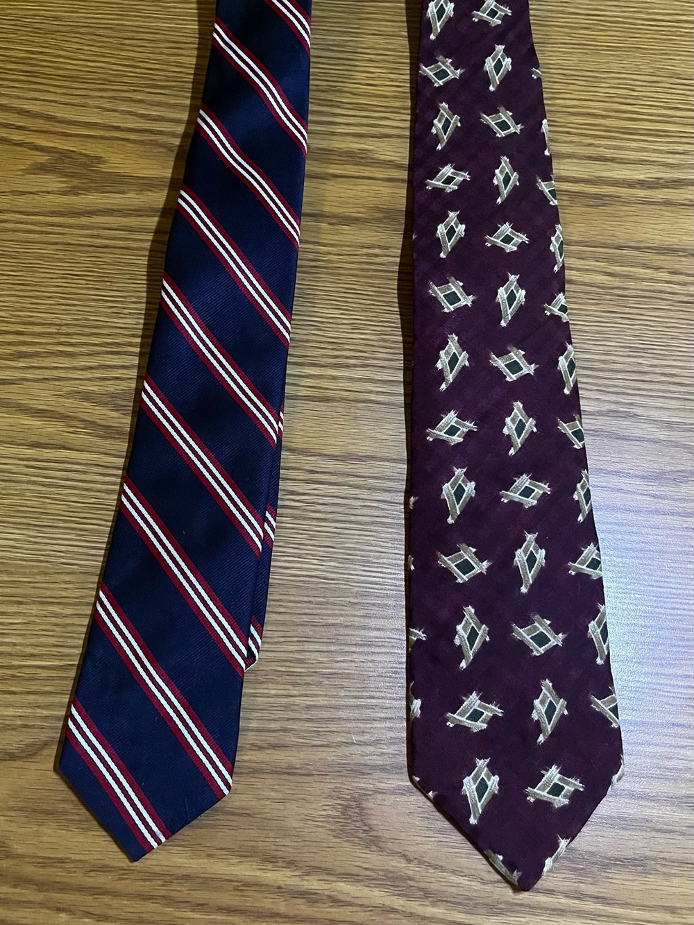 Two Men's Silk Ties — Navy Striped & Burgundy Geometric